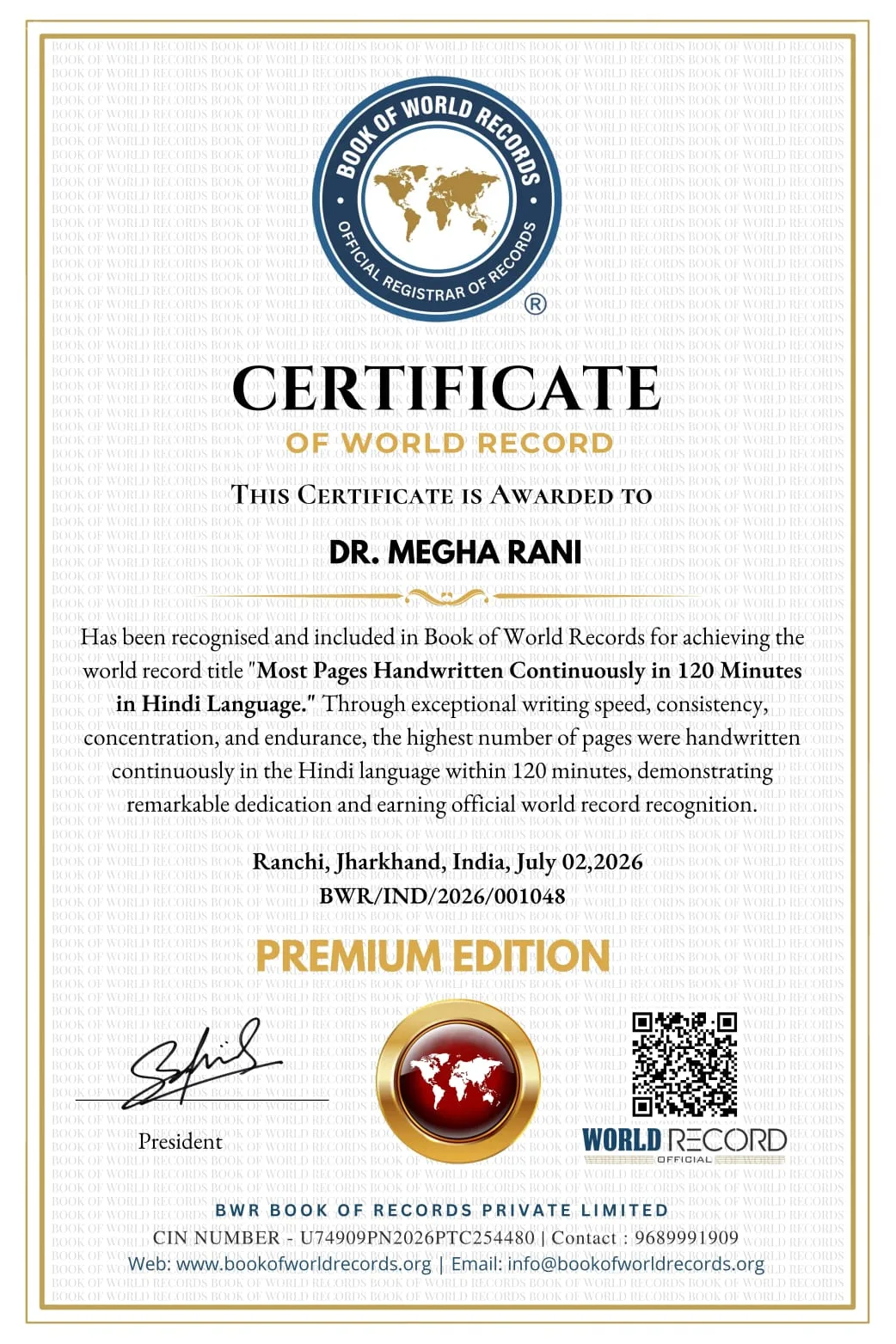 Ranchi based author Dr Megha Rani set world record in Hindi handwriting